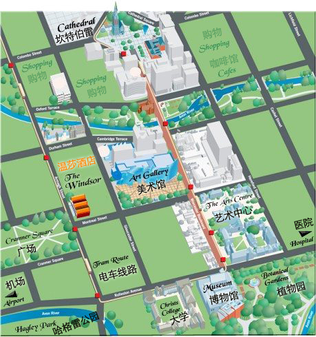从基督城地图可看出温莎酒店的中心位置